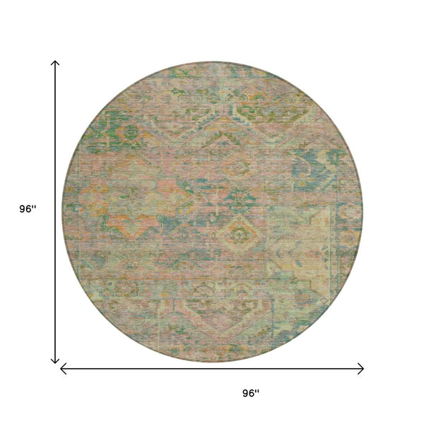 HomeRoots 5' Floral Medallion Indoor Outdoor Area Rug in Green Teal Blue and Mauve - Machine Washable & Durable 8' Round 616618