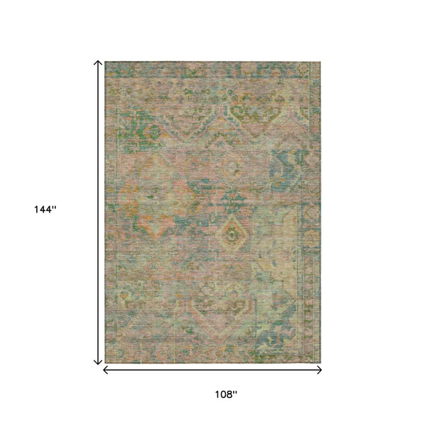 HomeRoots 5' Floral Medallion Indoor Outdoor Area Rug in Green Teal Blue and Mauve - Machine Washable & Durable 9' X 12' 616620