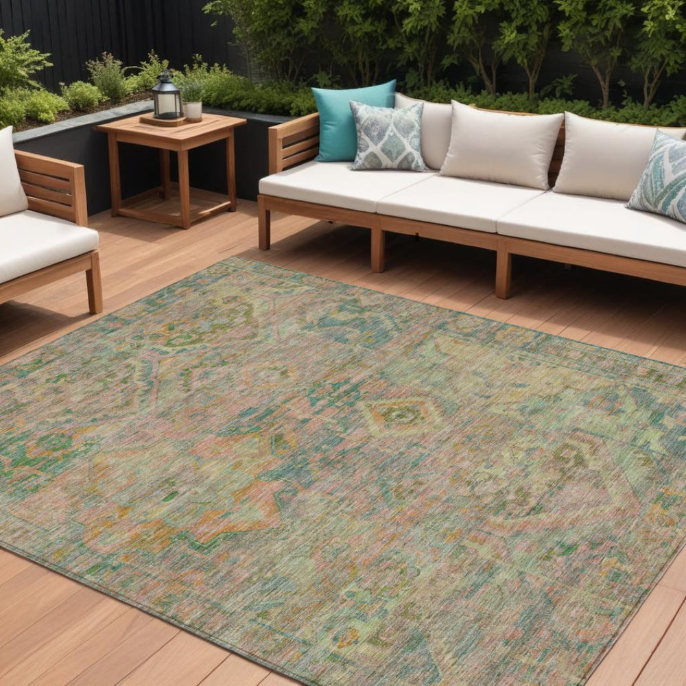HomeRoots 5' Floral Medallion Indoor Outdoor Area Rug in Green Teal Blue and Mauve - Machine Washable & Durable 9' X 12' 616620