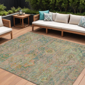 HomeRoots 5' Floral Medallion Indoor Outdoor Area Rug in Green Teal Blue and Mauve - Machine Washable & Durable 9' X 12' 616620
