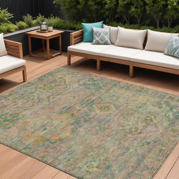 HomeRoots 5' Floral Medallion Indoor Outdoor Area Rug in Green Teal Blue and Mauve - Machine Washable & Durable 10' X 14' 616621