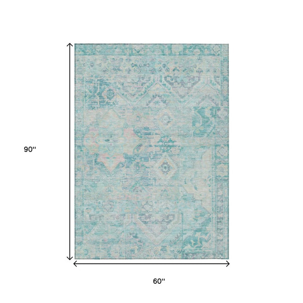 HomeRoots 5' Floral Medallion Area Rug in Teal Blue and Pink - Washable, Durable, Ideal for Indoor & Outdoor Use 5' X 8' 616635