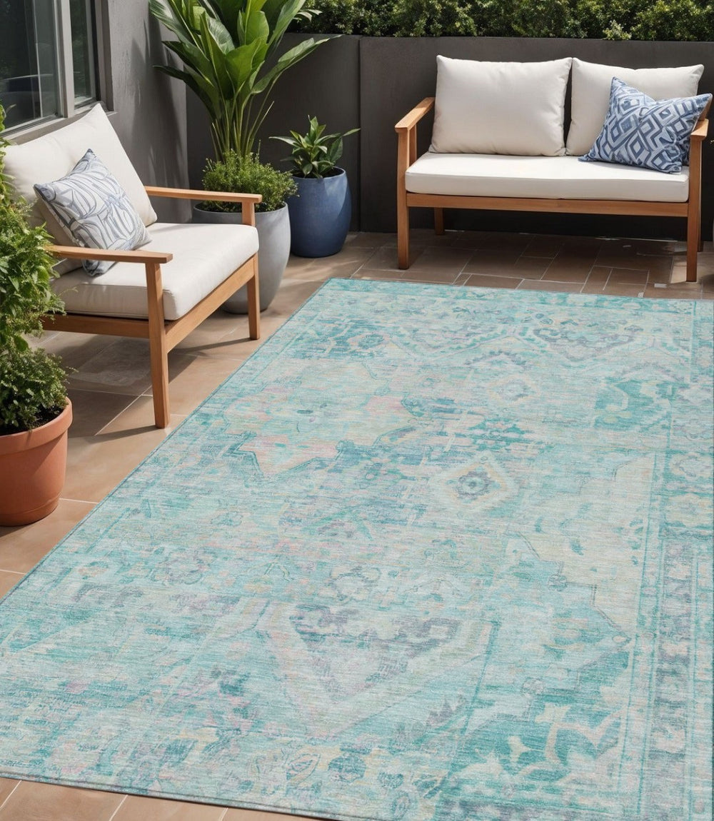 HomeRoots 5' Floral Medallion Area Rug in Teal Blue and Pink - Washable, Durable, Ideal for Indoor & Outdoor Use 5' X 8' 616635