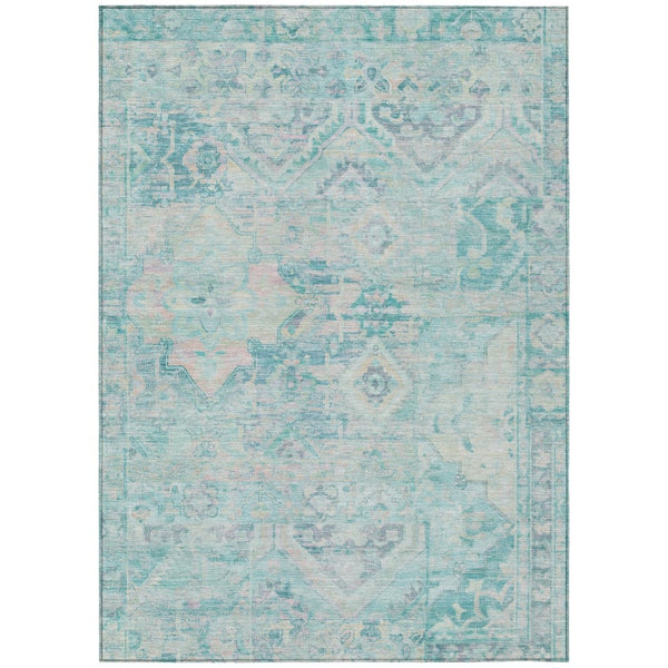 HomeRoots 5' Floral Medallion Area Rug in Teal Blue and Pink - Washable, Durable, Ideal for Indoor & Outdoor Use 5' X 8' 616635