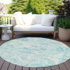 HomeRoots 5' Floral Medallion Area Rug in Teal Blue and Pink - Washable, Durable, Ideal for Indoor & Outdoor Use 8' Round 616636