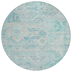 HomeRoots 5' Floral Medallion Area Rug in Teal Blue and Pink - Washable, Durable, Ideal for Indoor & Outdoor Use 8' Round 616636