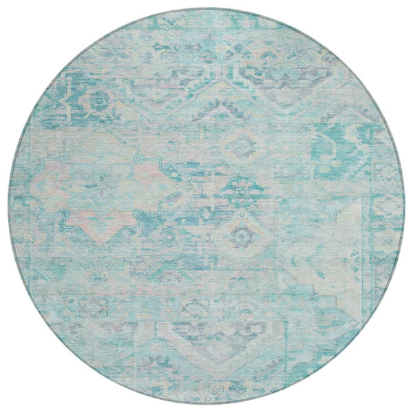 HomeRoots 5' Floral Medallion Area Rug in Teal Blue and Pink - Washable, Durable, Ideal for Indoor & Outdoor Use 8' Round 616636