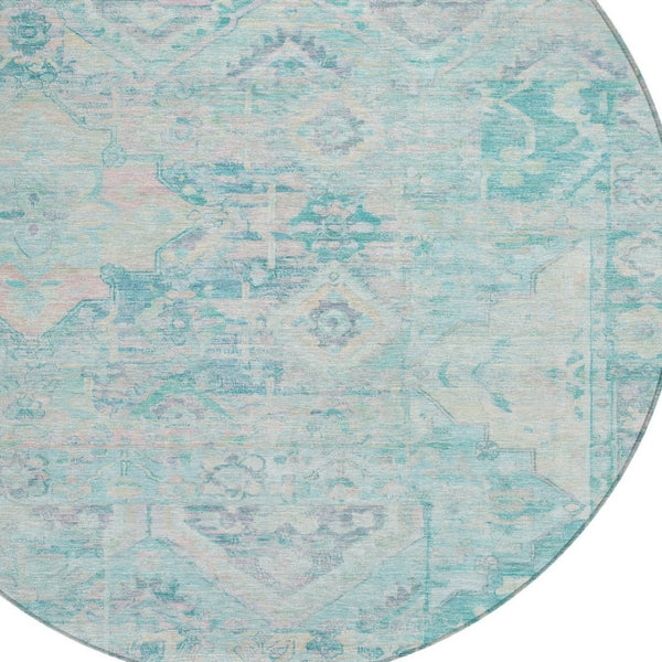 HomeRoots 5' Floral Medallion Area Rug in Teal Blue and Pink - Washable, Durable, Ideal for Indoor & Outdoor Use 8' Round 616636