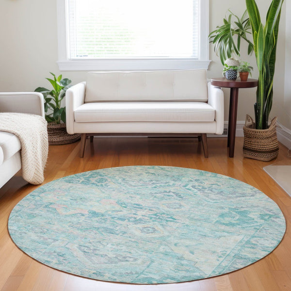 HomeRoots 5' Floral Medallion Area Rug in Teal Blue and Pink - Washable, Durable, Ideal for Indoor & Outdoor Use 8' Round 616636