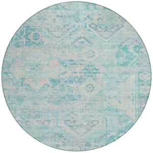 HomeRoots 5' Floral Medallion Area Rug in Teal Blue and Pink - Washable, Durable, Ideal for Indoor & Outdoor Use 8' Round 616636