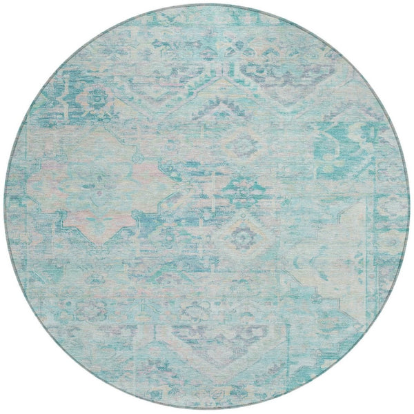 HomeRoots 5' Floral Medallion Area Rug in Teal Blue and Pink - Washable, Durable, Ideal for Indoor & Outdoor Use 8' Round 616636