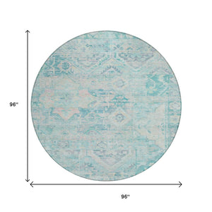 HomeRoots 5' Floral Medallion Area Rug in Teal Blue and Pink - Washable, Durable, Ideal for Indoor & Outdoor Use 8' Round 616636