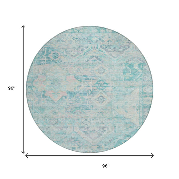 HomeRoots 5' Floral Medallion Area Rug in Teal Blue and Pink - Washable, Durable, Ideal for Indoor & Outdoor Use 8' Round 616636