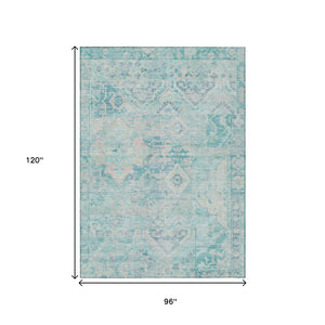 HomeRoots 5' Floral Medallion Area Rug in Teal Blue and Pink - Washable, Durable, Ideal for Indoor & Outdoor Use 8' X 10' 616637