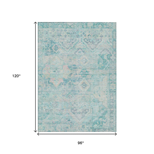HomeRoots 5' Floral Medallion Area Rug in Teal Blue and Pink - Washable, Durable, Ideal for Indoor & Outdoor Use 8' X 10' 616637