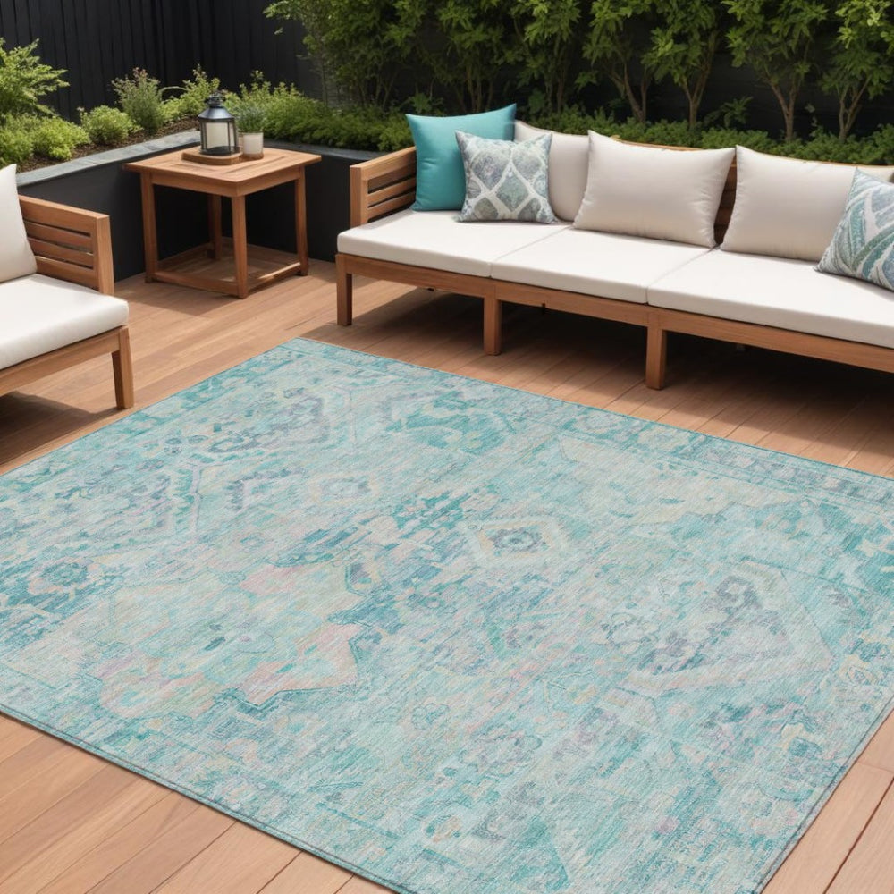 HomeRoots 9' Teal Blue & Pink Floral Medallion Washable Area Rug - Perfect for Indoor & Outdoor Spaces! 616638