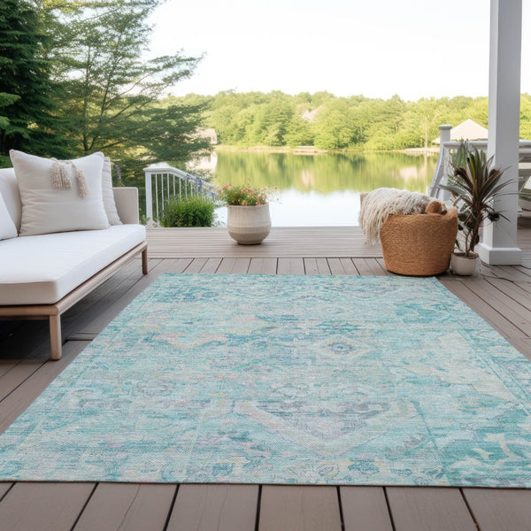 HomeRoots 9' Teal Blue & Pink Floral Medallion Washable Area Rug - Perfect for Indoor & Outdoor Spaces! 616638