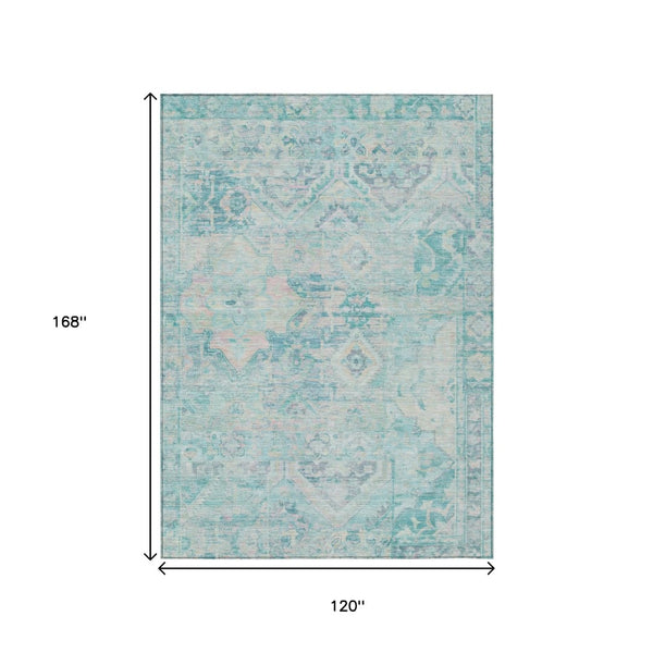 HomeRoots 5' Floral Medallion Area Rug in Teal Blue and Pink - Washable, Durable, Ideal for Indoor & Outdoor Use 10' X 14' 616639