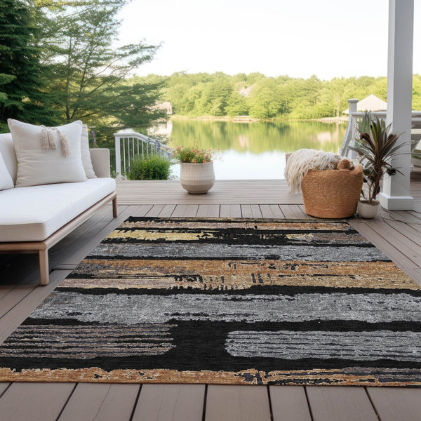 HomeRoots 5' Contemporary Black Gold and Brown Striped Washable Area Rug for Indoor and Outdoor Spaces 5' X 8' 616641