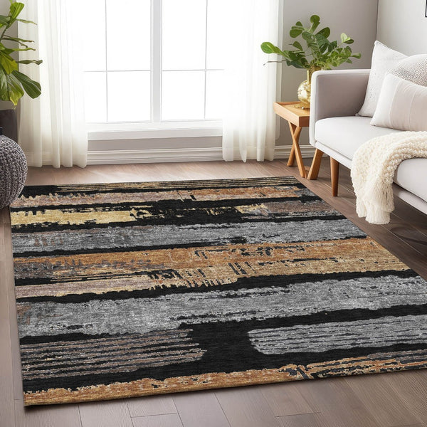 HomeRoots 5' Contemporary Black Gold and Brown Striped Washable Area Rug for Indoor and Outdoor Spaces 5' X 8' 616641