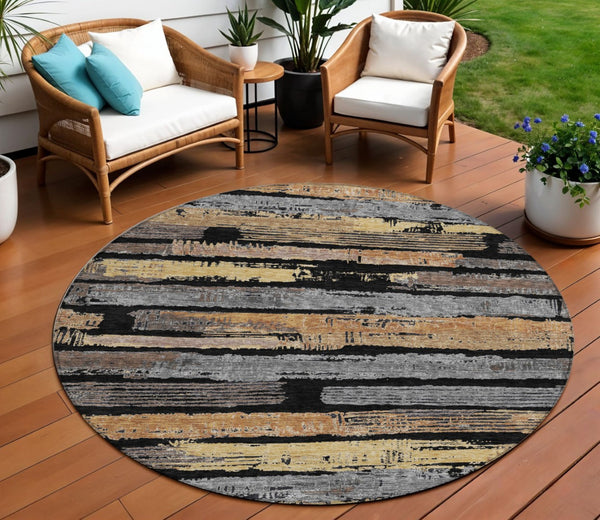 HomeRoots 5' Contemporary Black Gold and Brown Striped Washable Area Rug for Indoor and Outdoor Spaces 8' Round 616642