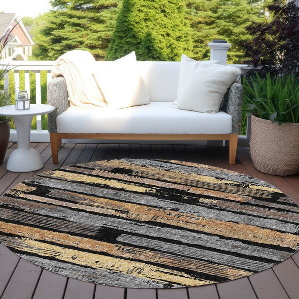 HomeRoots 5' Contemporary Black Gold and Brown Striped Washable Area Rug for Indoor and Outdoor Spaces 8' Round 616642