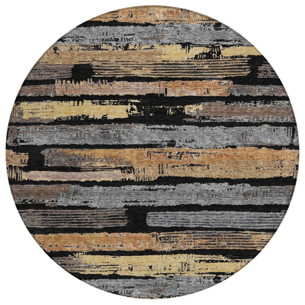 HomeRoots 5' Contemporary Black Gold and Brown Striped Washable Area Rug for Indoor and Outdoor Spaces 8' Round 616642