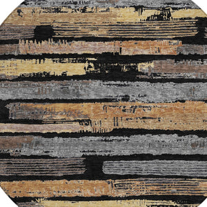 HomeRoots 5' Contemporary Black Gold and Brown Striped Washable Area Rug for Indoor and Outdoor Spaces 8' Round 616642
