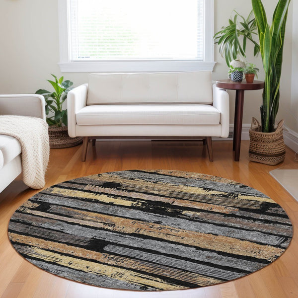 HomeRoots 5' Contemporary Black Gold and Brown Striped Washable Area Rug for Indoor and Outdoor Spaces 8' Round 616642