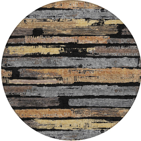 HomeRoots 5' Contemporary Black Gold and Brown Striped Washable Area Rug for Indoor and Outdoor Spaces 8' Round 616642