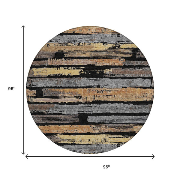 HomeRoots 5' Contemporary Black Gold and Brown Striped Washable Area Rug for Indoor and Outdoor Spaces 8' Round 616642