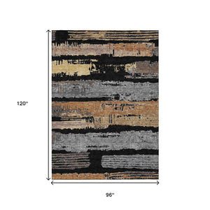 HomeRoots 5' Contemporary Black Gold and Brown Striped Washable Area Rug for Indoor and Outdoor Spaces 8' X 10' 616643