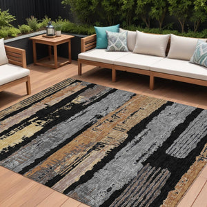 HomeRoots 5' Contemporary Black Gold and Brown Striped Washable Area Rug for Indoor and Outdoor Spaces 8' X 10' 616643