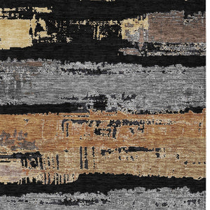 HomeRoots 5' Contemporary Black Gold and Brown Striped Washable Area Rug for Indoor and Outdoor Spaces 8' X 10' 616643