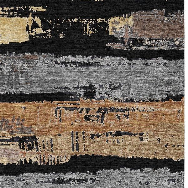 HomeRoots 5' Contemporary Black Gold and Brown Striped Washable Area Rug for Indoor and Outdoor Spaces 8' X 10' 616643