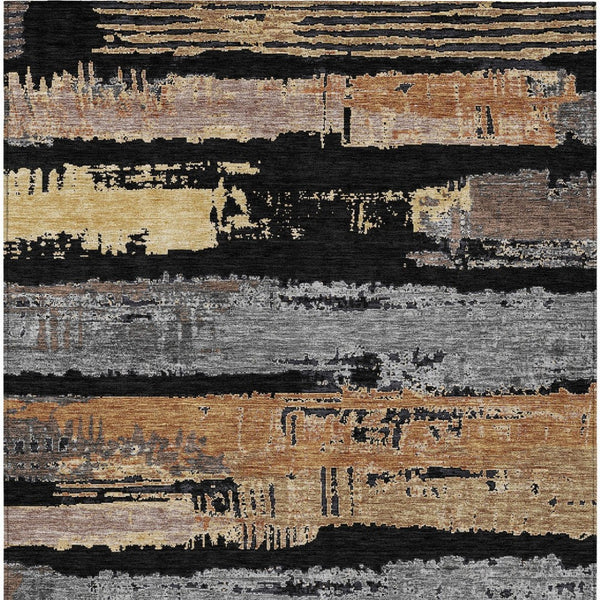 HomeRoots 5' Contemporary Black Gold and Brown Striped Washable Area Rug for Indoor and Outdoor Spaces 9' X 12' 616644