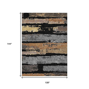 HomeRoots 5' Contemporary Black Gold and Brown Striped Washable Area Rug for Indoor and Outdoor Spaces 9' X 12' 616644