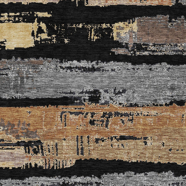 HomeRoots 5' Contemporary Black Gold and Brown Striped Washable Area Rug for Indoor and Outdoor Spaces 9' X 12' 616644