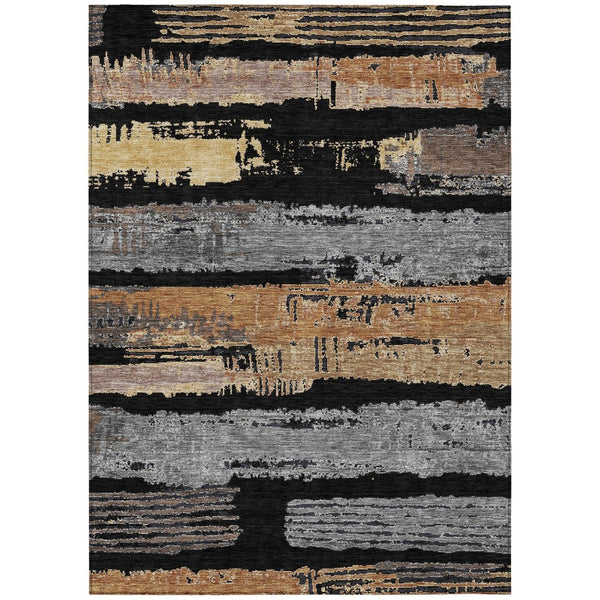 HomeRoots 5' Contemporary Black Gold and Brown Striped Washable Area Rug for Indoor and Outdoor Spaces 10' X 14' 616645