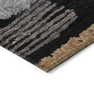 HomeRoots 5' Contemporary Black Gold and Brown Striped Washable Area Rug for Indoor and Outdoor Spaces 10' X 14' 616645