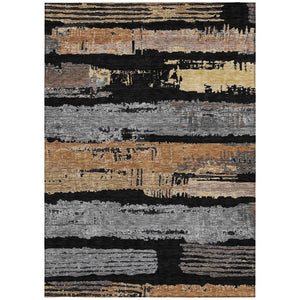 HomeRoots 5' Contemporary Black Gold and Brown Striped Washable Area Rug for Indoor and Outdoor Spaces 10' X 14' 616645