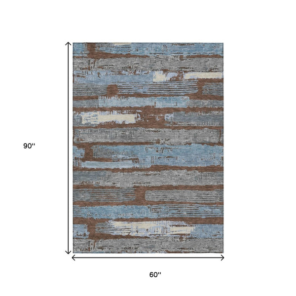 HomeRoots 5' Stylish Chocolate Blue Beige Striped Washable Area Rug for Indoor and Outdoor Versatility 5' X 8' 616647