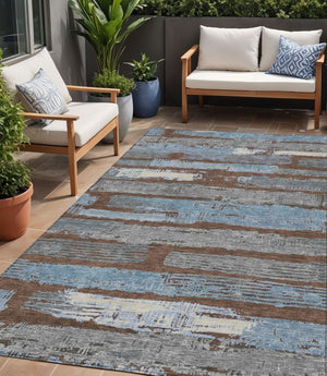 HomeRoots 5' Stylish Chocolate Blue Beige Striped Washable Area Rug for Indoor and Outdoor Versatility 5' X 8' 616647