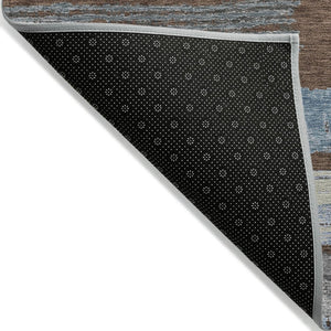 HomeRoots 5' Stylish Chocolate Blue Beige Striped Washable Area Rug for Indoor and Outdoor Versatility 5' X 8' 616647