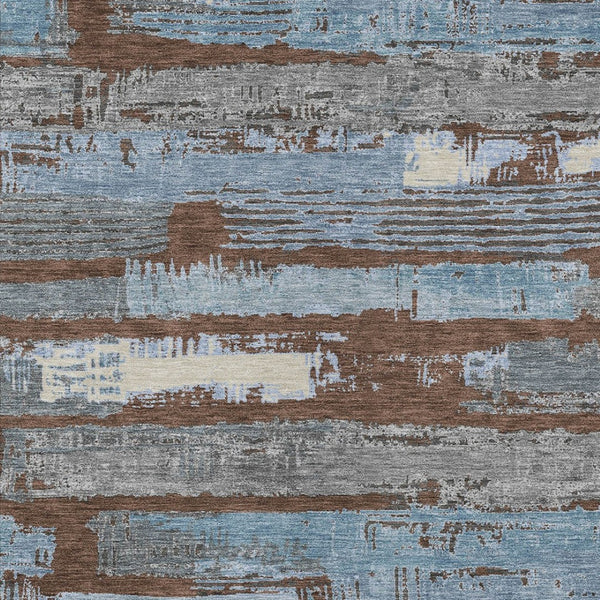 HomeRoots 5' Stylish Chocolate Blue Beige Striped Washable Area Rug for Indoor and Outdoor Versatility 5' X 8' 616647