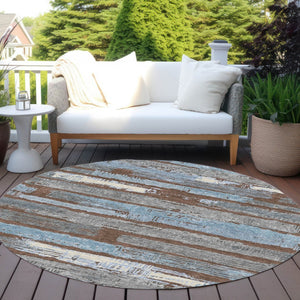 HomeRoots 5' Stylish Chocolate Blue Beige Striped Washable Area Rug for Indoor and Outdoor Versatility 8' Round 616648