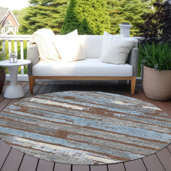 HomeRoots 5' Stylish Chocolate Blue Beige Striped Washable Area Rug for Indoor and Outdoor Versatility 8' Round 616648