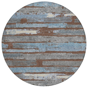 HomeRoots 5' Stylish Chocolate Blue Beige Striped Washable Area Rug for Indoor and Outdoor Versatility 8' Round 616648