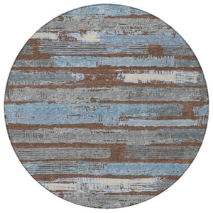 HomeRoots 5' Stylish Chocolate Blue Beige Striped Washable Area Rug for Indoor and Outdoor Versatility 8' Round 616648