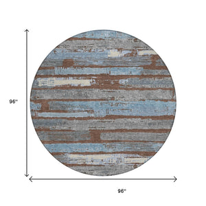 HomeRoots 5' Stylish Chocolate Blue Beige Striped Washable Area Rug for Indoor and Outdoor Versatility 8' Round 616648